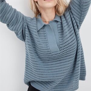 NWT Haven Well Within Blue Open Stitch Polo Collar Sweater Size M